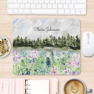 Watercolor Blue Purple Flower Meadow on Mountain Mouse Mat