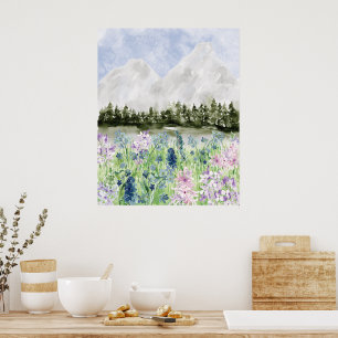 Watercolor Blue Purple Flower Meadow on Mountain Poster