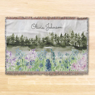 Watercolor Blue Purple Flower Meadow on Mountain Throw Blanket