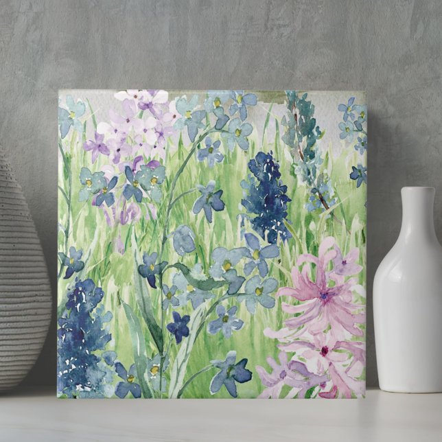 Watercolor Blue Purple Flower Meadow on Mountain Tile (In situ on table)