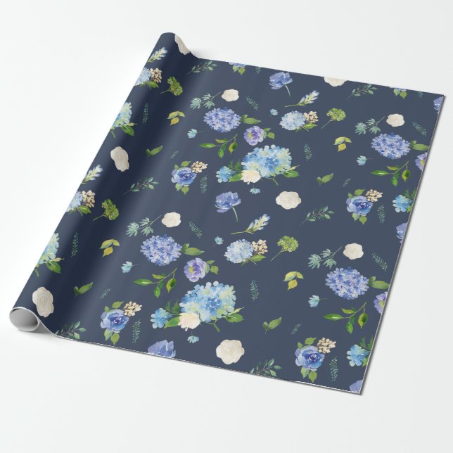 Watercolor Blue & Purple Hydrangeas Wrapping Paper (Unrolled)