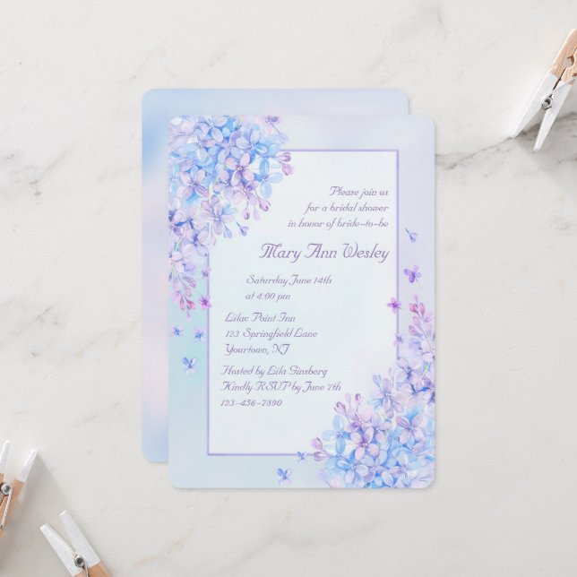 Watercolor  Blue Purple Lilac Flower Bridal Shower Invitation (Front/Back In Situ)