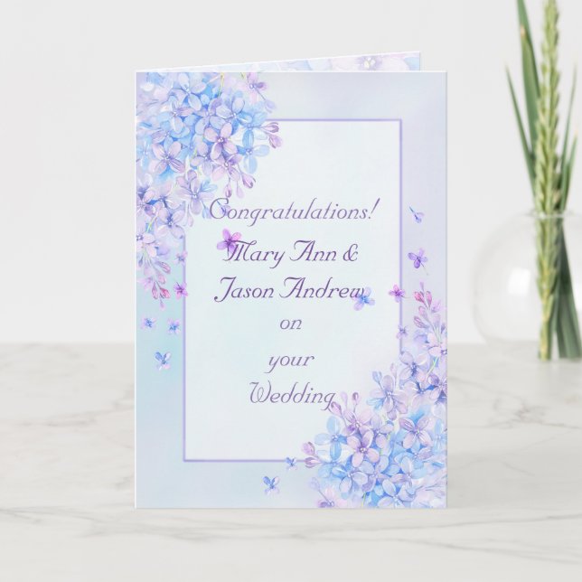Watercolor Blue Purple Lilac Flower Wedding Card (Front)