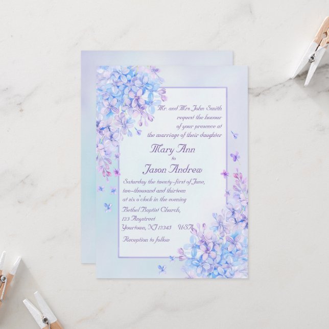 Watercolor Blue Purple Lilac Flower Wedding Invite (Front/Back In Situ)