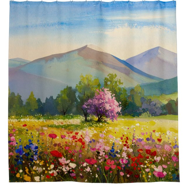 Watercolor Blue Purple Mountain Landscape Wildflow Shower Curtain (Front)