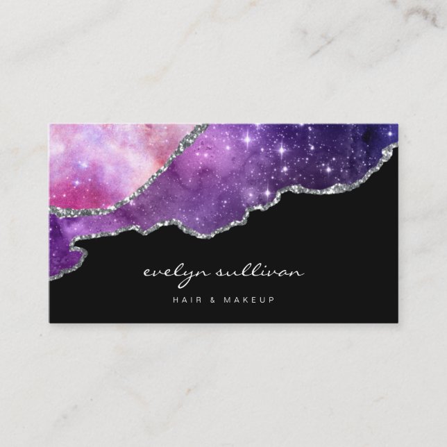 watercolor blue purple pink agate on black business card (Front)