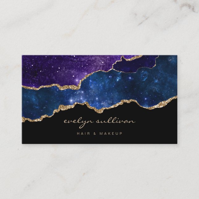 watercolor blue purple sky agate on black business card (Front)
