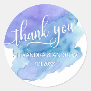 Watercolor Blue Purple Wedding THANK YOU Classic Round Sticker