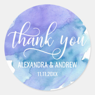 Watercolor Blue Purple Wedding Thank You Classic Round Sticker