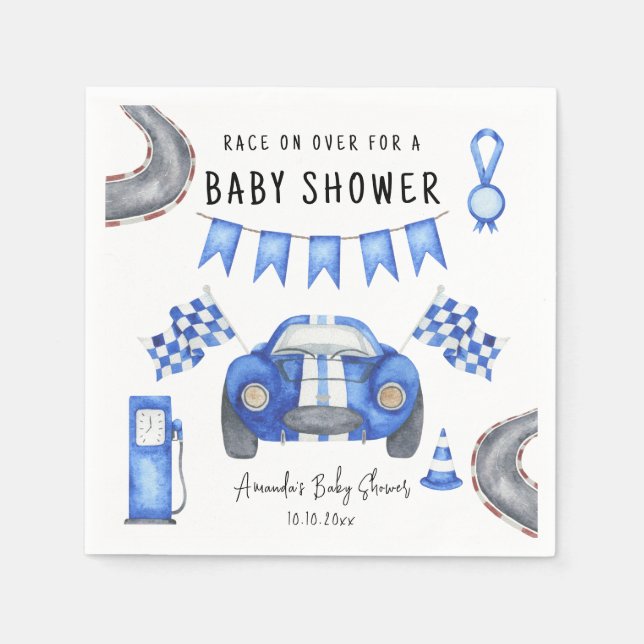 Watercolor Blue Race Car Baby Shower  Napkin (Front)
