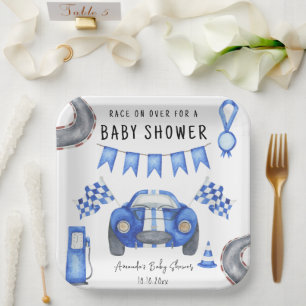 Watercolor Blue Race Car Baby Shower Paper Plate