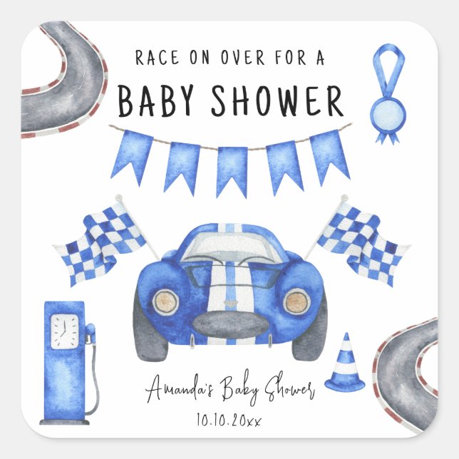 Watercolor Blue Race Car Baby Shower  Square Sticker (Front)