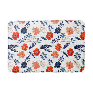 Watercolor Blue& Red Flowers Minimalist Botanical Bath Mat