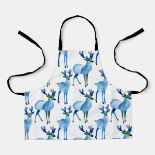 Watercolor Blue Reindeer Christmas Apron