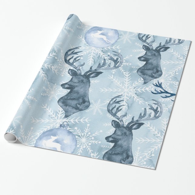 Watercolor Blue Reindeer Christmas Wrapping Paper (Unrolled)