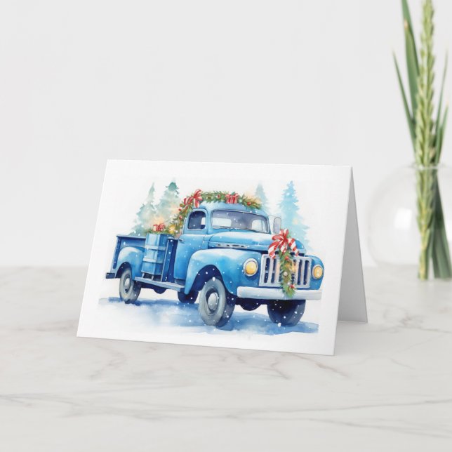 Watercolor Blue Retro Christmas Truck Holiday Card (Front)