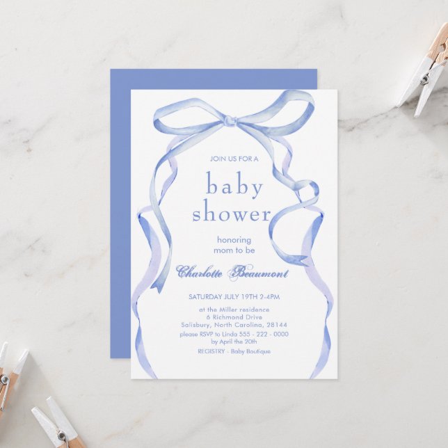 Watercolor Blue Ribbon Baby Shower Invitation (Front/Back In Situ)