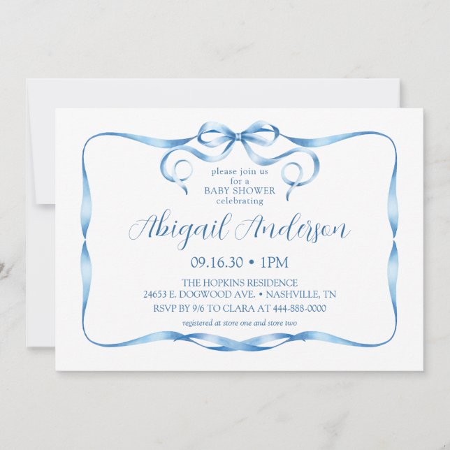 Watercolor Blue Ribbon Baby Shower Invitation (Front)