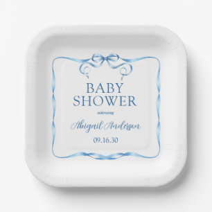 Watercolor Blue Ribbon Baby Shower Paper Plate
