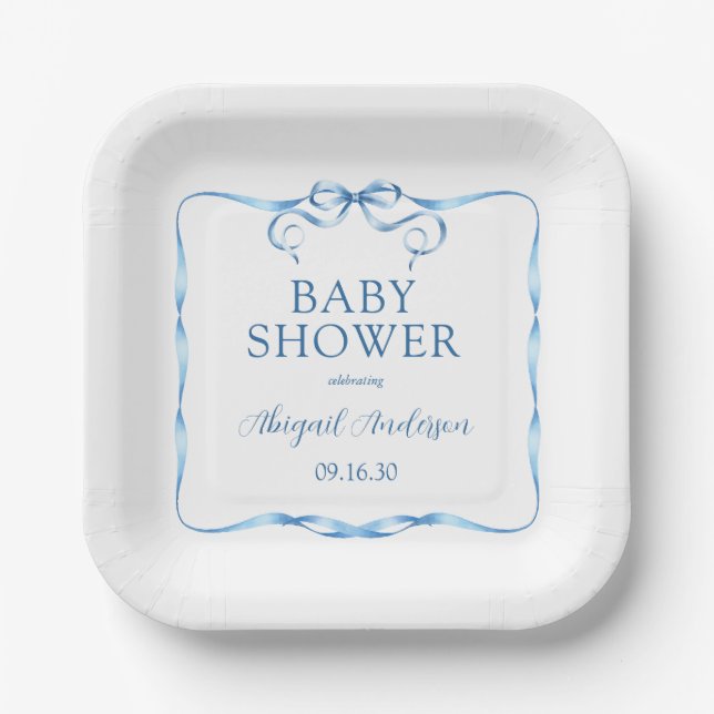 Watercolor Blue Ribbon Baby Shower Paper Plate (Front)