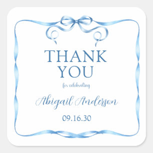 Watercolor Blue Ribbon Baby Sprinkle Thank You Square Sticker
