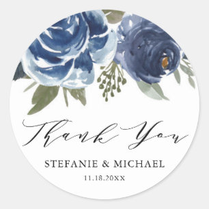 Watercolor Blue Rose and Peony Wedding Thank You Classic Round Sticker