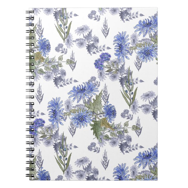 Watercolor blue roses feathers white notebook (Front)