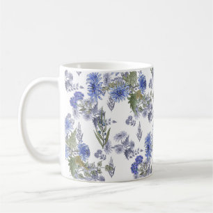 Watercolor blue roses flowers feathers white coffee mug