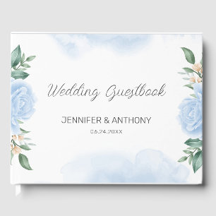 Watercolor Blue Roses Green Foliage Guest Book