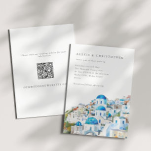 Watercolor Blue Santorini QR Code Wedding Invitation
