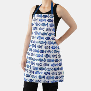 Watercolor blue sea fish. Nautical animal pattern Apron