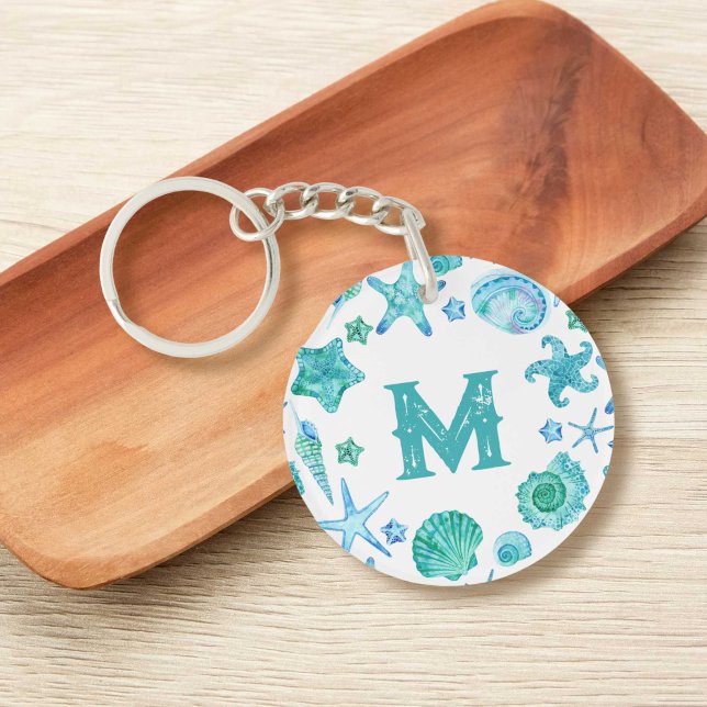 Watercolor Blue Sea Shells and Starfish Monogram Key Ring (Watercolor Blue Sea Shells and Starfish Monogram Keychain)