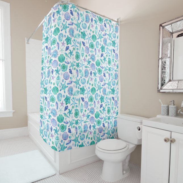 Watercolor Blue Sea Shells and Starfish Shower Curtain (In Situ)