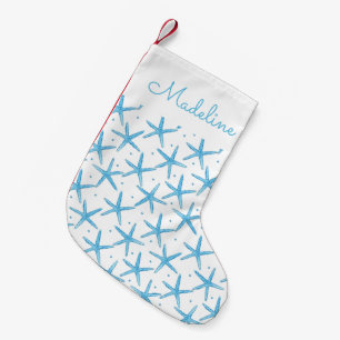 Watercolor Blue Sea Stars Pattern   Add Your Name Small Christmas Stocking