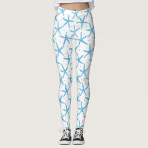 Watercolor Blue Sea Stars Pattern Leggings