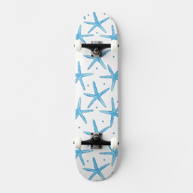 Watercolor Blue Sea Stars Pattern Skateboard (Front)