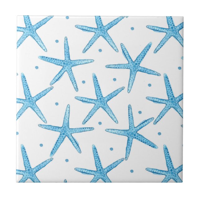 Watercolor Blue Sea Stars Pattern Tile (Front)