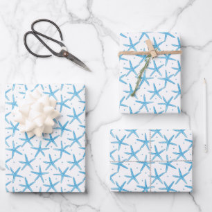 Watercolor Blue Sea Stars Pattern Wrapping Paper Sheet