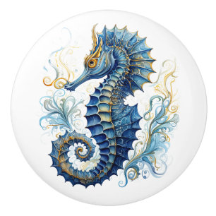 Watercolor blue seahorse design ceramic knob