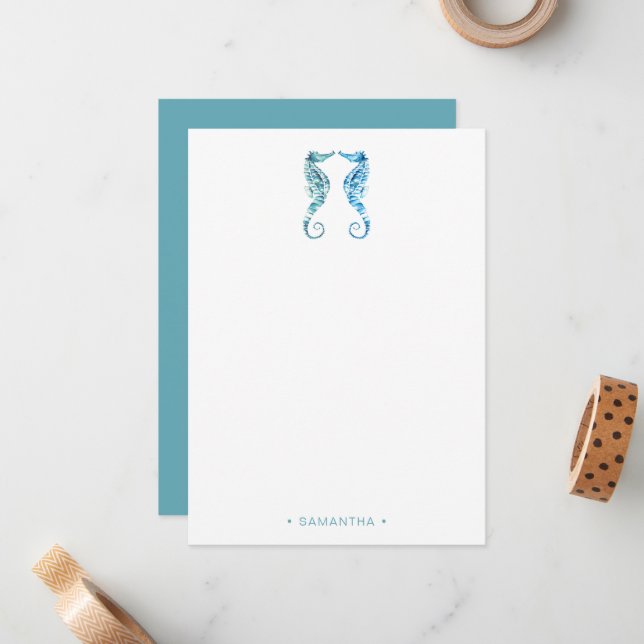 Watercolor Blue Seahorse Personalised Card (Front/Back In Situ)