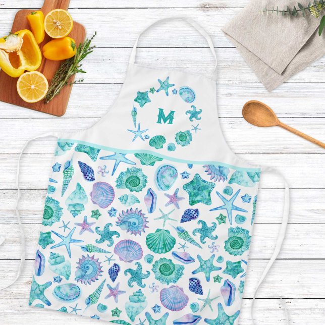 Watercolor Blue Seashells and Starfish Monogram Apron (Watercolor Blue Seashells and Starfish Monogram Apron)