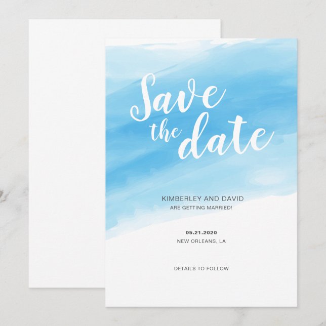 Watercolor Blue Seaside Save the Date Invitation (Front/Back)