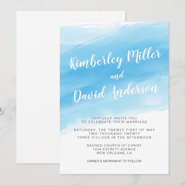 Watercolor Blue Seaside Wedding Invitation (Front/Back)
