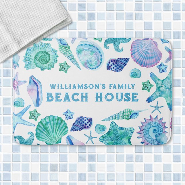 Watercolor Blue Shells and Starfish Beach House Bath Mat (Watercolor Blue Shells and Starfish Beach House Bath Mat)