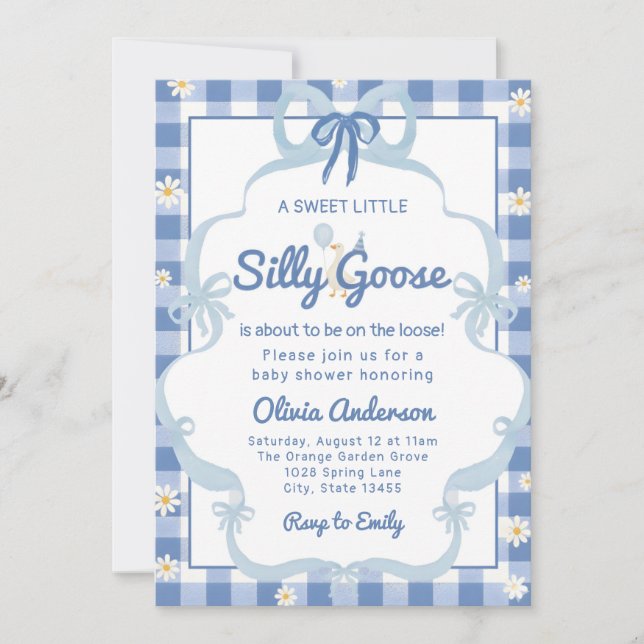 watercolor blue Silly Goose Gingham Ribbon girl Invitation (Front)