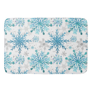 Watercolor Blue & Silver Glitter Winter Snowflakes Bath Mat