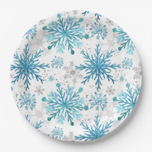 Watercolor Blue & Silver Glitter Winter Snowflakes Paper Plate
