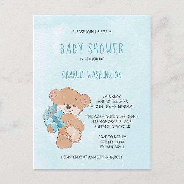 Watercolor Blue Simple Teddy Bear Baby Shower Postcard (Front)