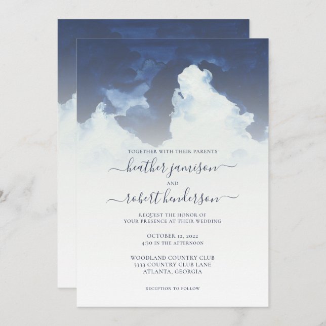 Watercolor Blue Sky and Clouds Wedding Invitation (Front/Back)