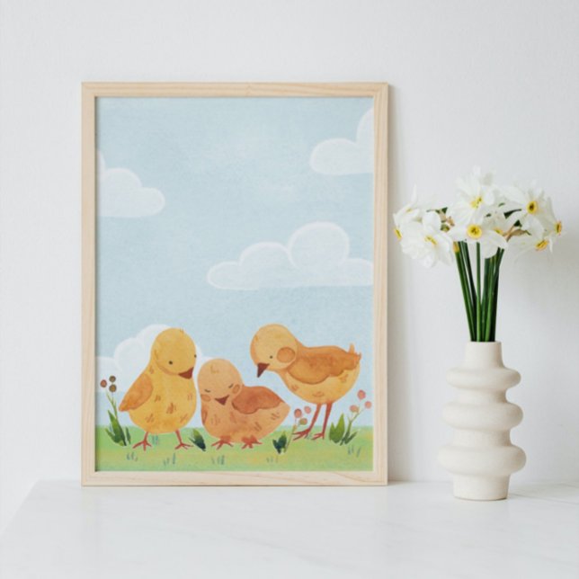 Watercolor Blue Sky Clouds Chicks Flowers Nursery Poster (Creator Uploaded)